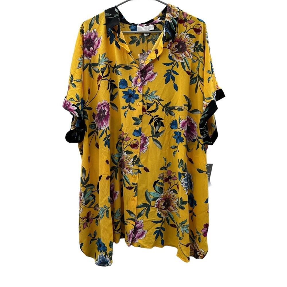 VIP by Avenue Yellow Multicolor Floral Short Sleeve Button Down‎ Shirt Sz 30/32